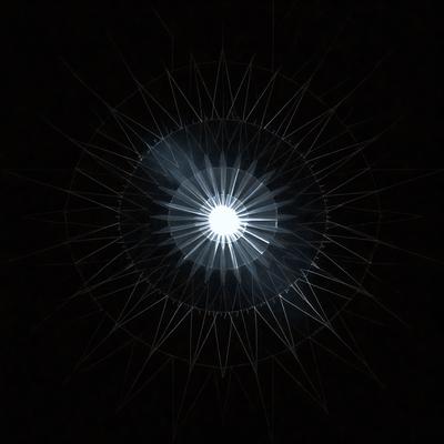 The primary subject of the image is a large, circular, and bright light source, possibly a light bulb or a sun. The light is surrounded by a pattern of interconnected lines, which gives the scene a unique and intricate appearance. The setting appears to be a dark room, with the light source being the main focus of the image. The visual style of the image is a combination of digital art and illustration, creating a striking and captivating scene. The colors and mood of the image are predominantly dark, with